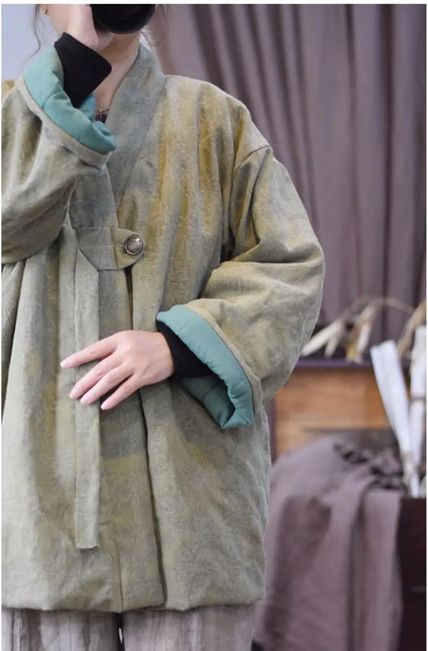 NFYM Women's Quilted Jacket Cardigan Jacquard Cotton Linen Long Sleeve Open Front Hanfu Style Padded Quilted Coats