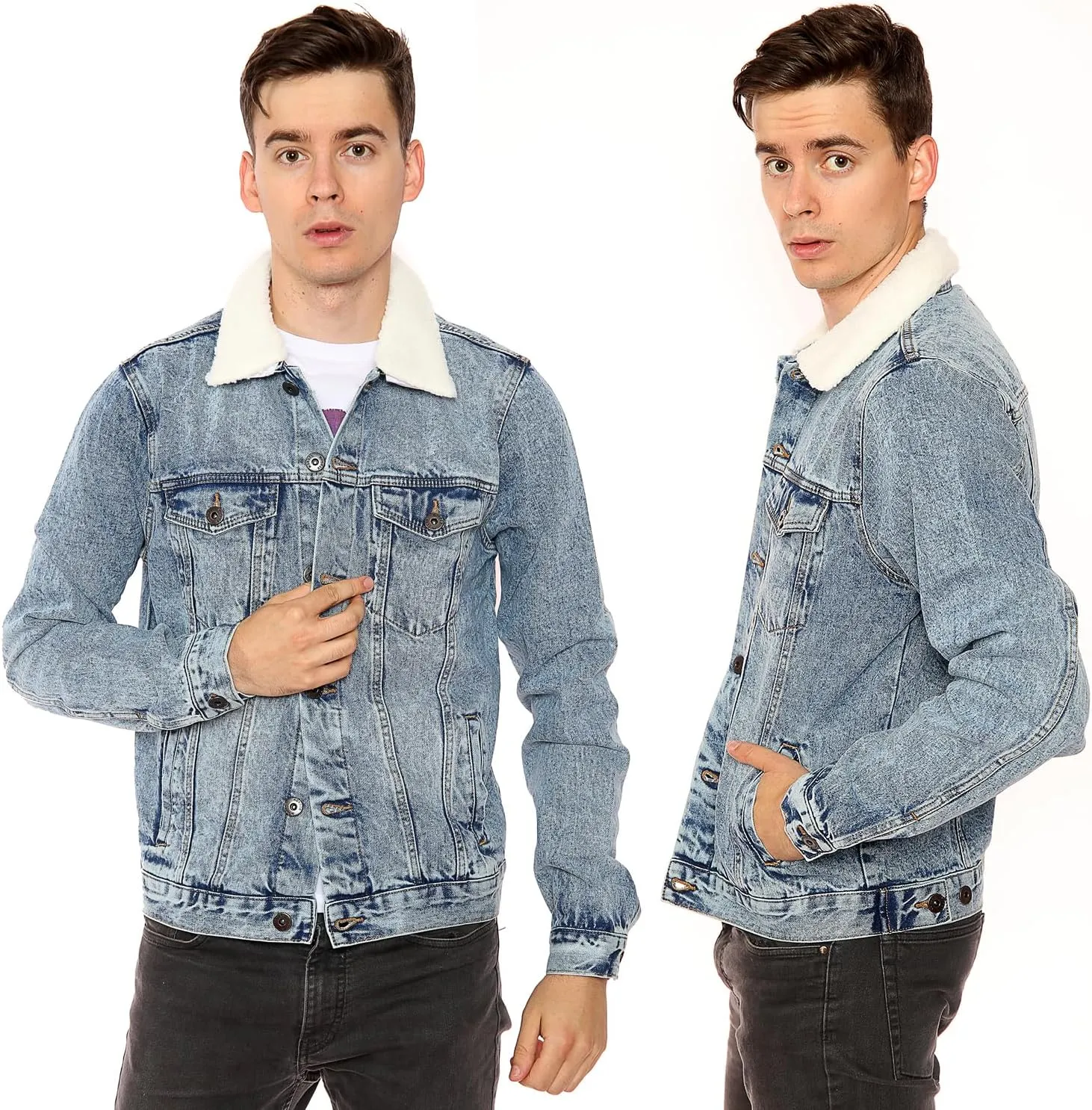 NOROZE Mens Denim Jacket with Detachable Sherpa Collar Classic Fur Jean Trucker Coat