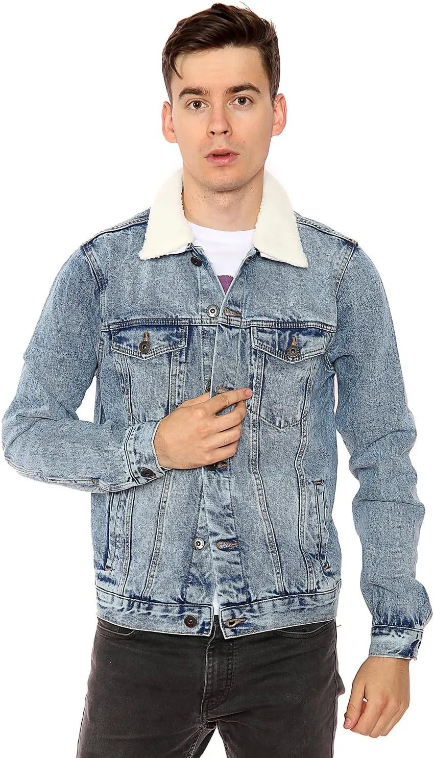 NOROZE Mens Denim Jacket with Detachable Sherpa Collar Classic Fur Jean Trucker Coat