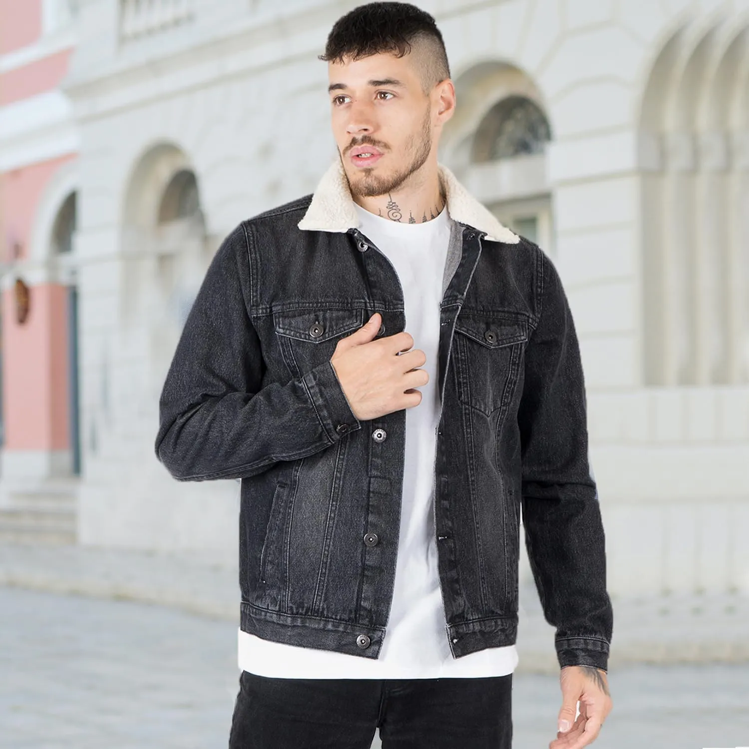 NOROZE Mens Denim Jacket with Detachable Sherpa Collar Classic Fur Jean Trucker Coat