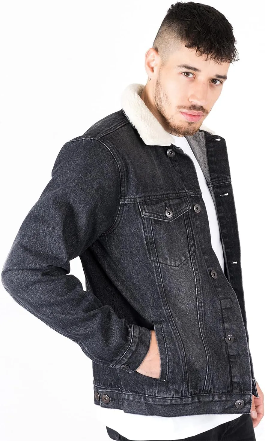 NOROZE Mens Denim Jacket with Detachable Sherpa Collar Classic Fur Jean Trucker Coat