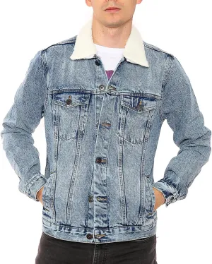 NOROZE Mens Denim Jacket with Detachable Sherpa Collar Classic Fur Jean Trucker Coat
