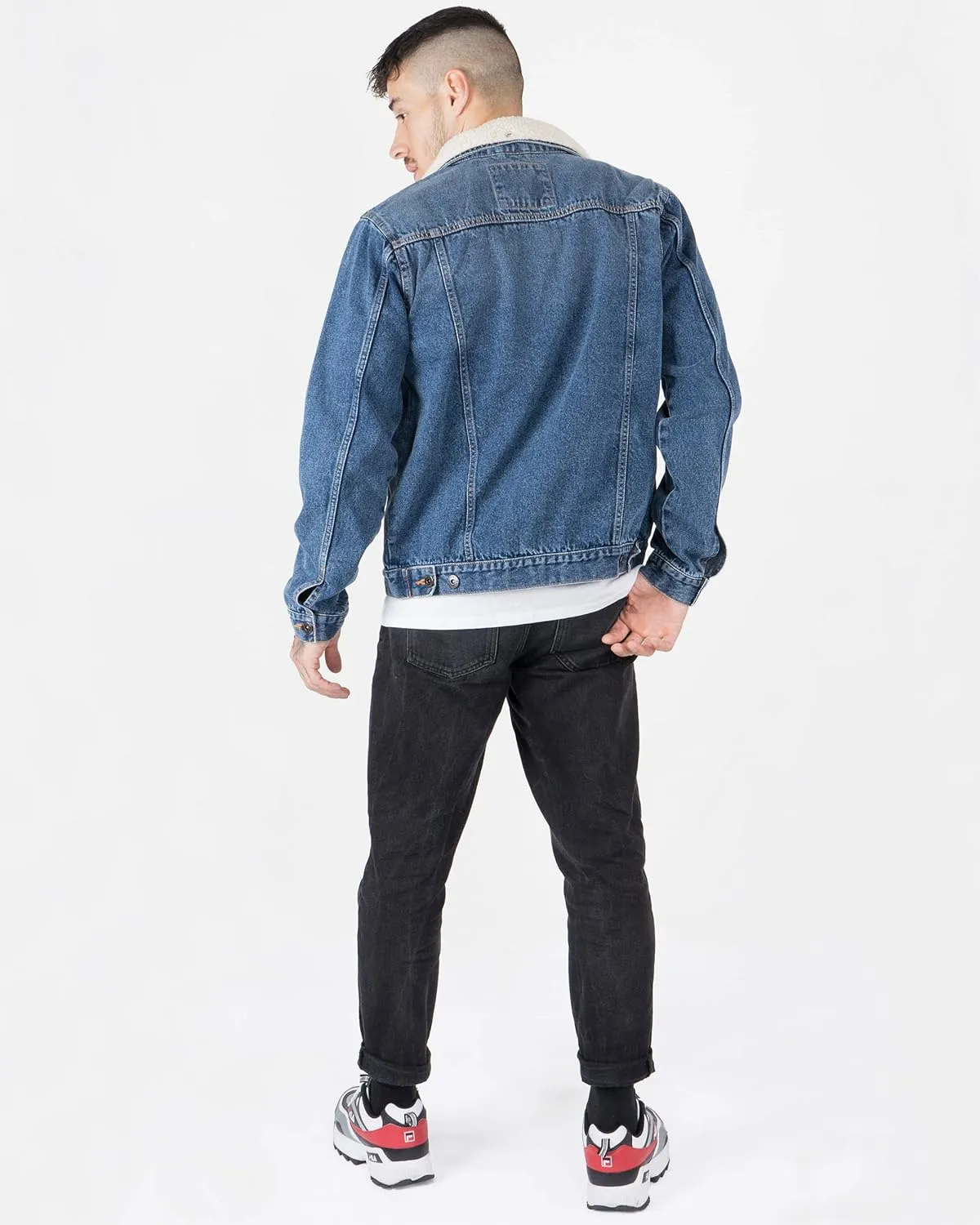 NOROZE Mens Denim Jacket with Detachable Sherpa Collar Classic Fur Jean Trucker Coat