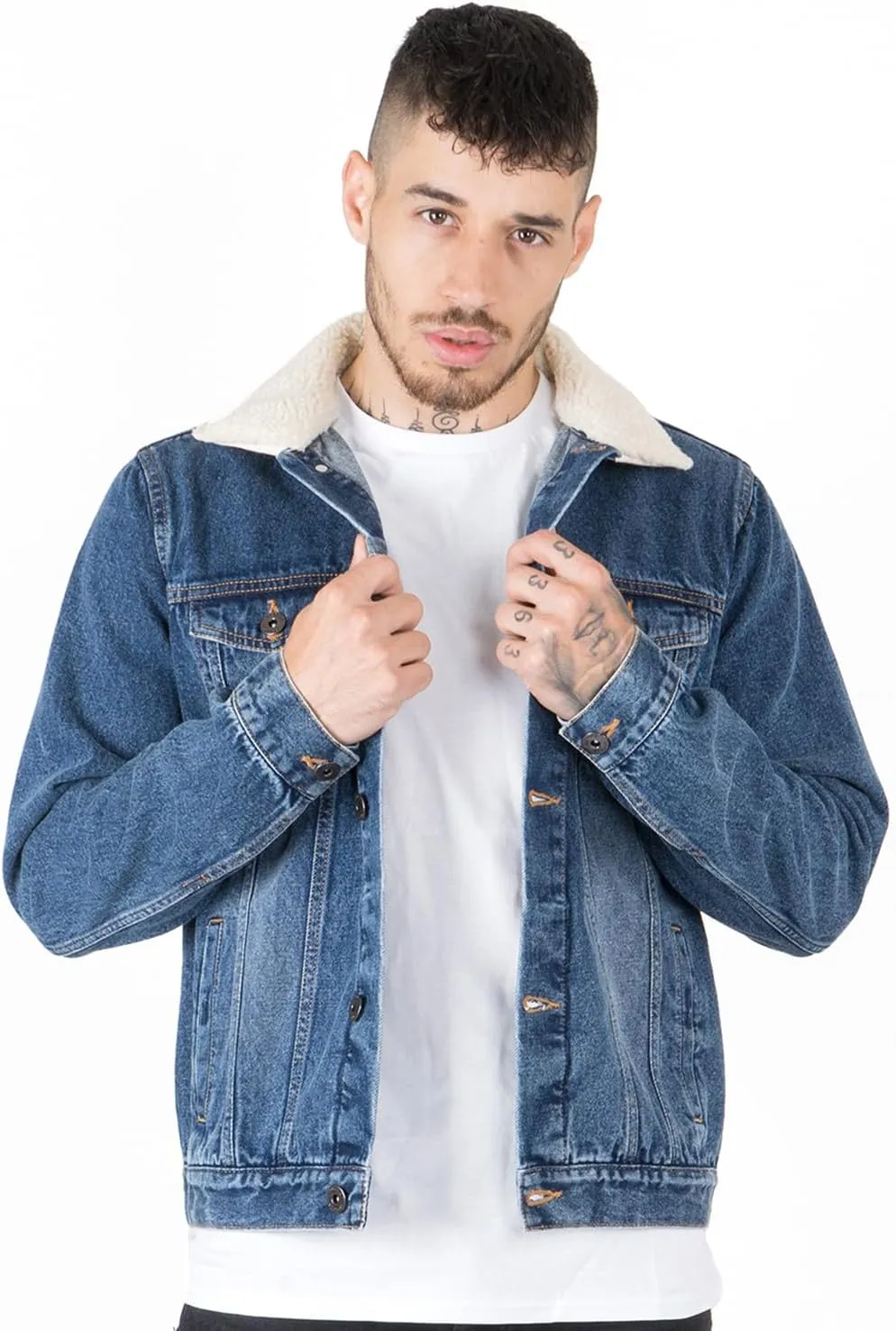 NOROZE Mens Denim Jacket with Detachable Sherpa Collar Classic Fur Jean Trucker Coat