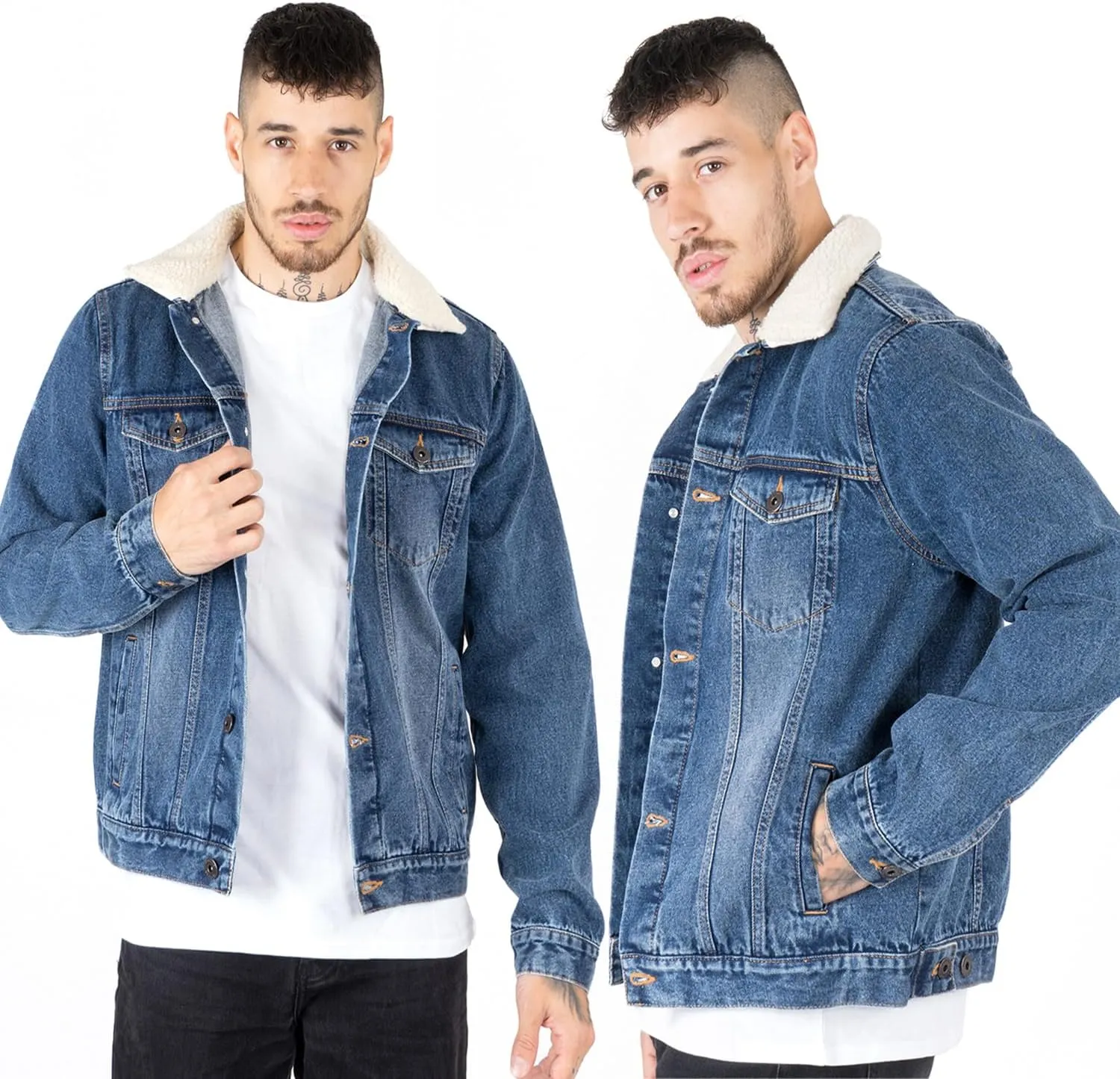 NOROZE Mens Denim Jacket with Detachable Sherpa Collar Classic Fur Jean Trucker Coat