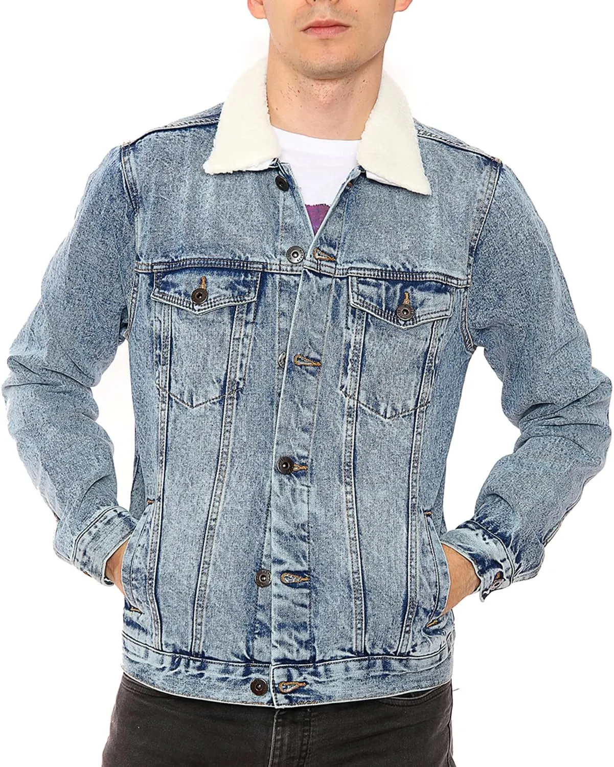 NOROZE Mens Denim Jacket with Detachable Sherpa Collar Classic Fur Jean Trucker Coat
