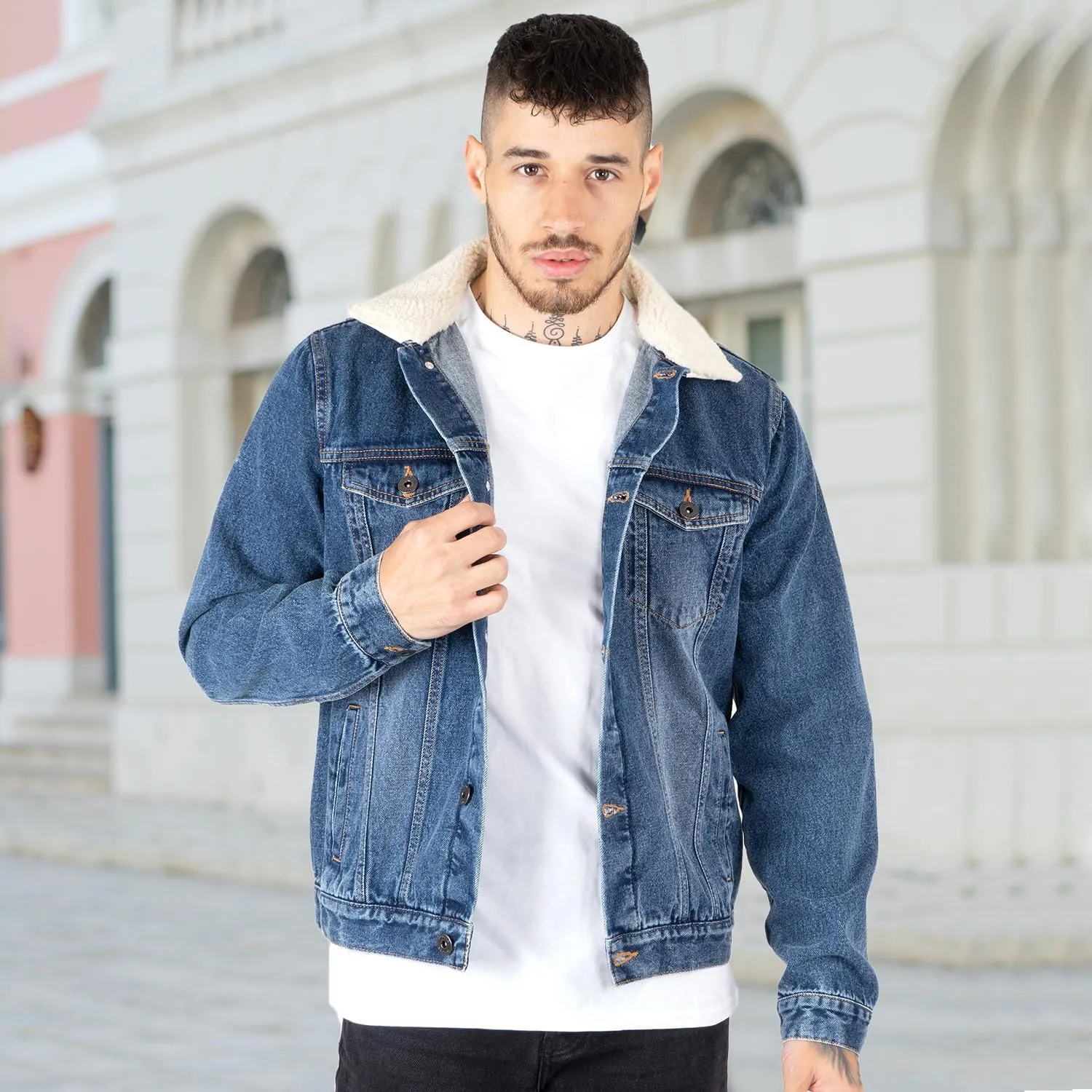 NOROZE Mens Denim Jacket with Detachable Sherpa Collar Classic Fur Jean Trucker Coat