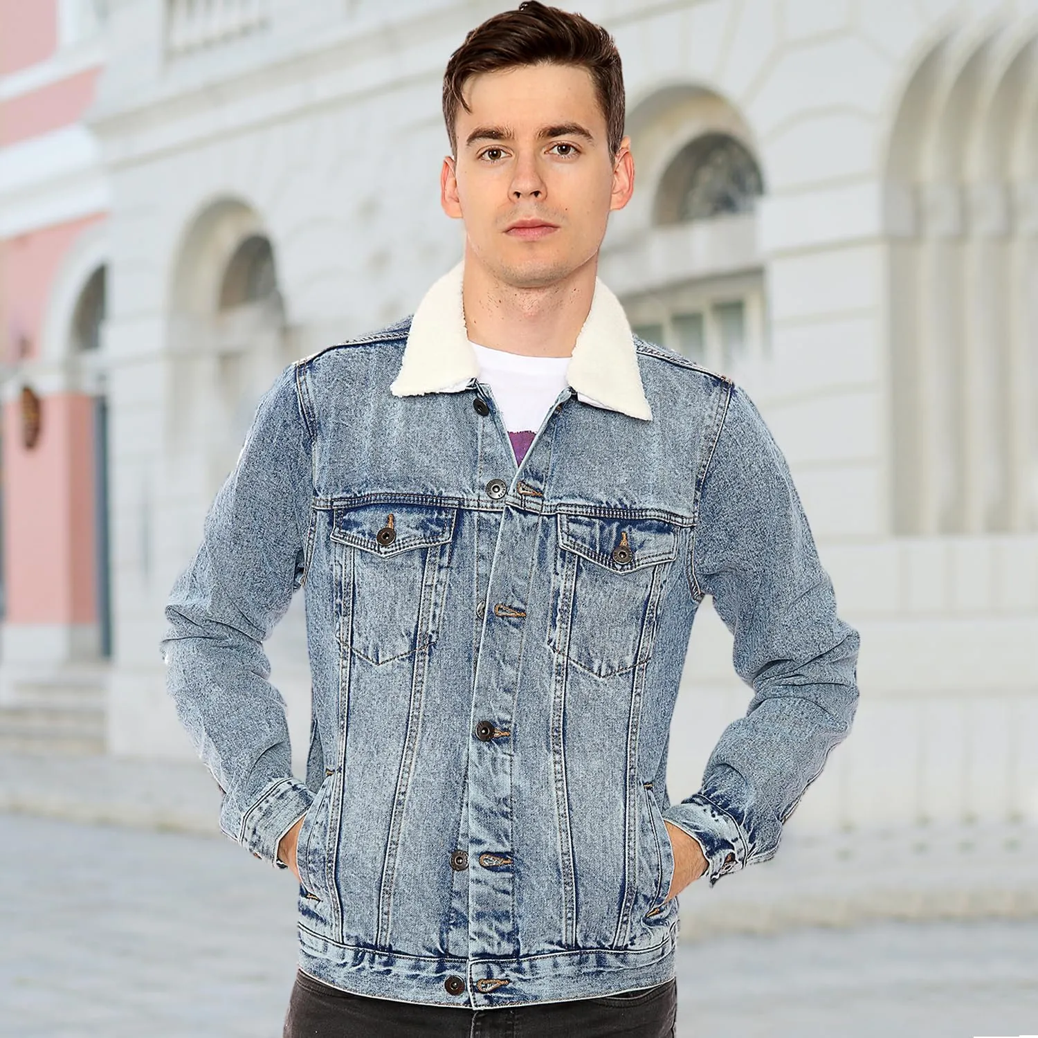 NOROZE Mens Denim Jacket with Detachable Sherpa Collar Classic Fur Jean Trucker Coat