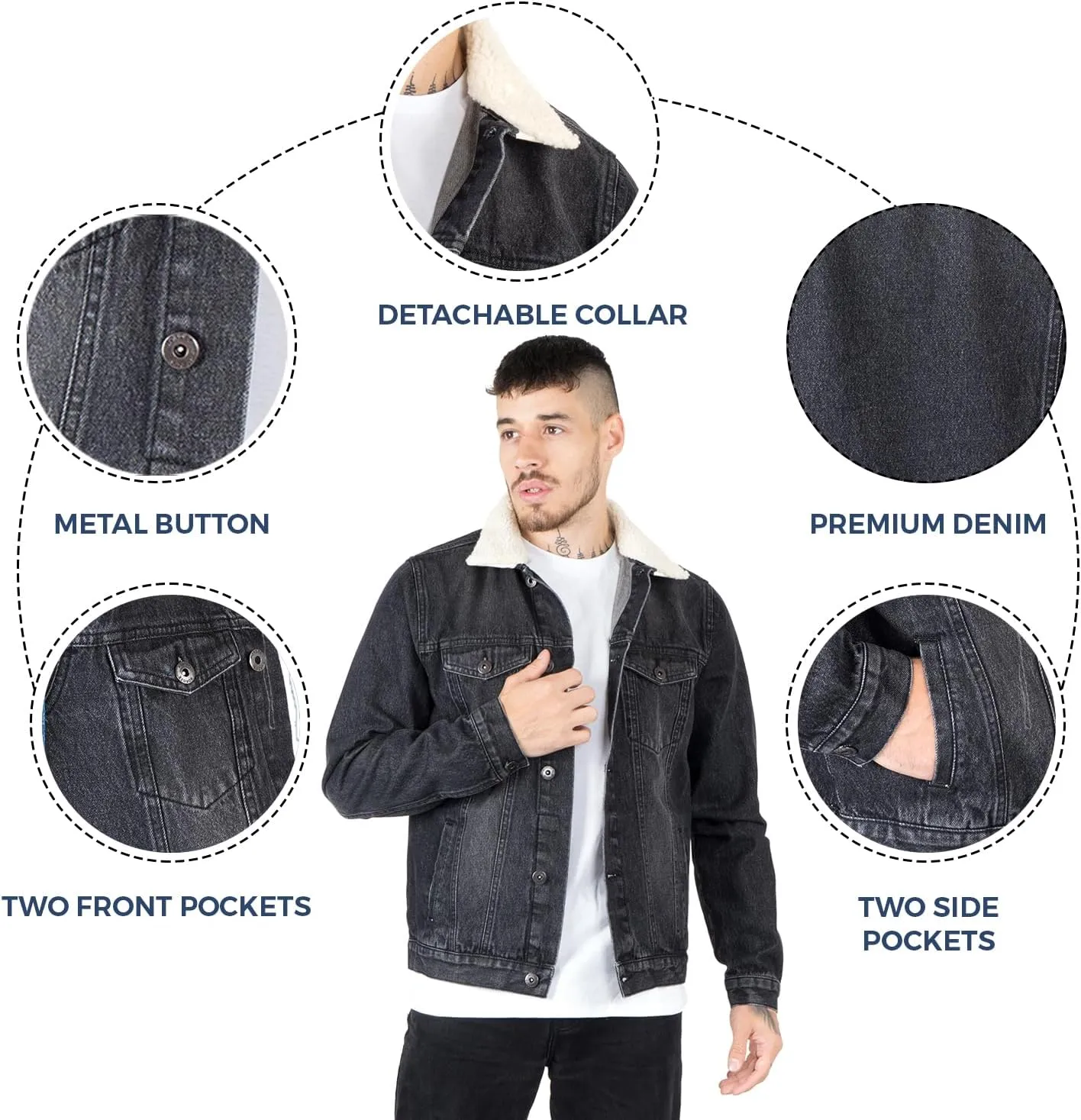 NOROZE Mens Denim Jacket with Detachable Sherpa Collar Classic Fur Jean Trucker Coat