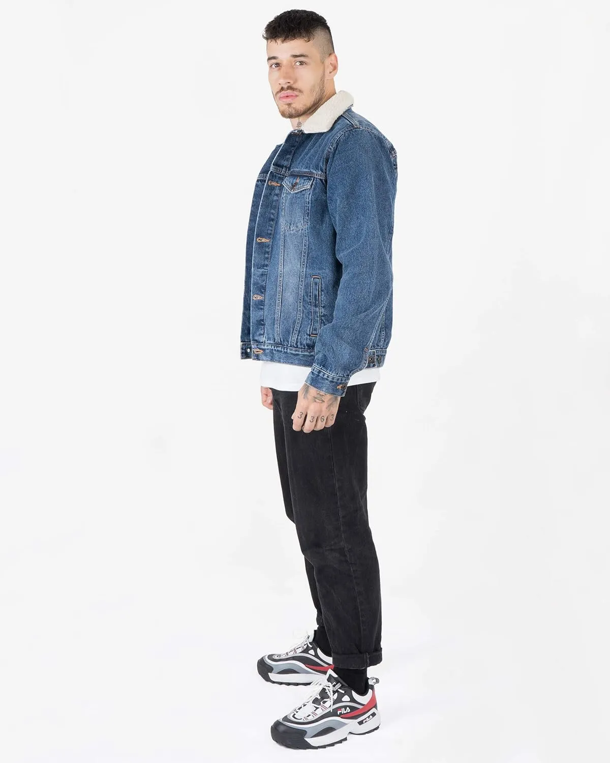 NOROZE Mens Denim Jacket with Detachable Sherpa Collar Classic Fur Jean Trucker Coat
