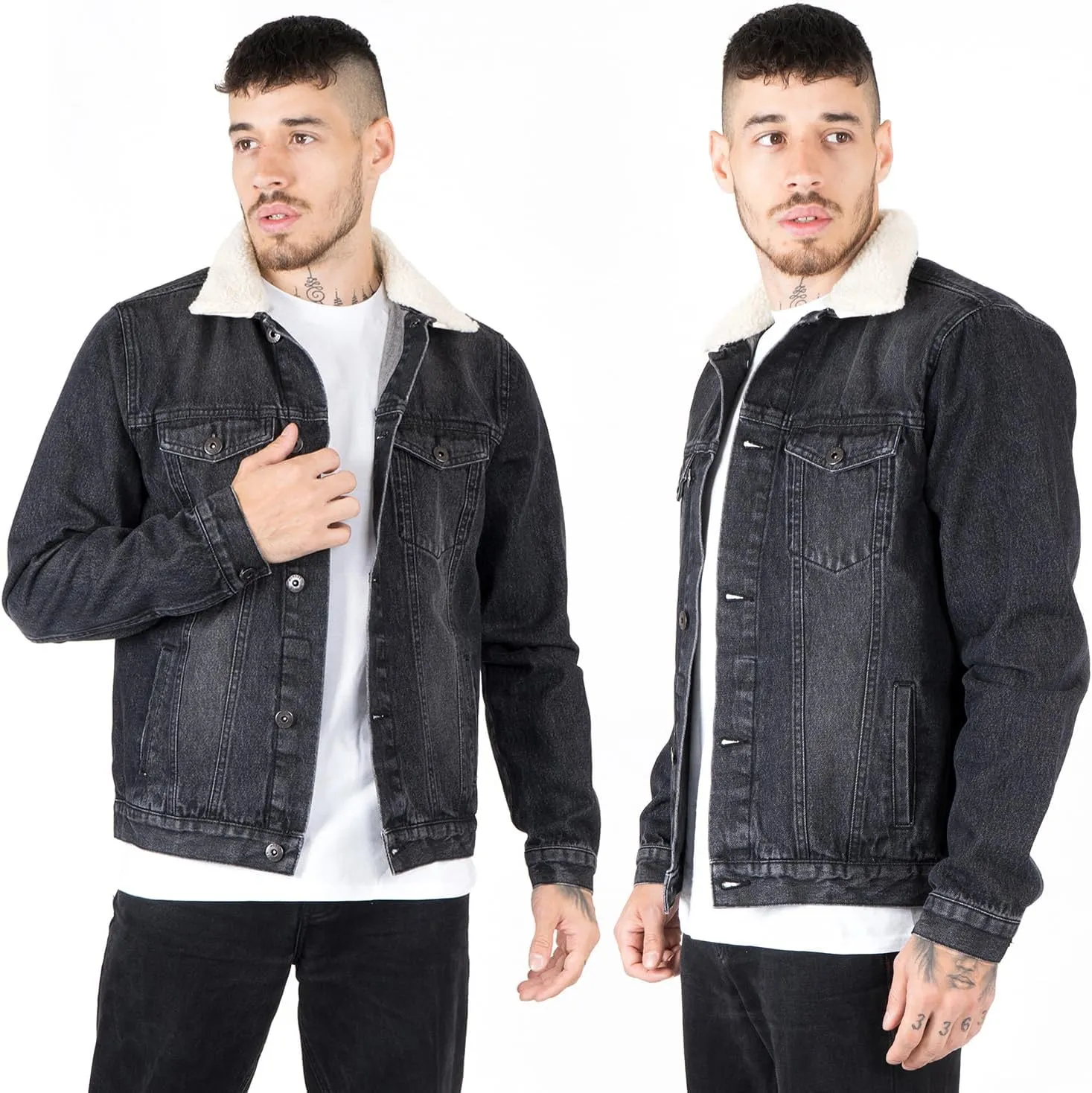 NOROZE Mens Denim Jacket with Detachable Sherpa Collar Classic Fur Jean Trucker Coat