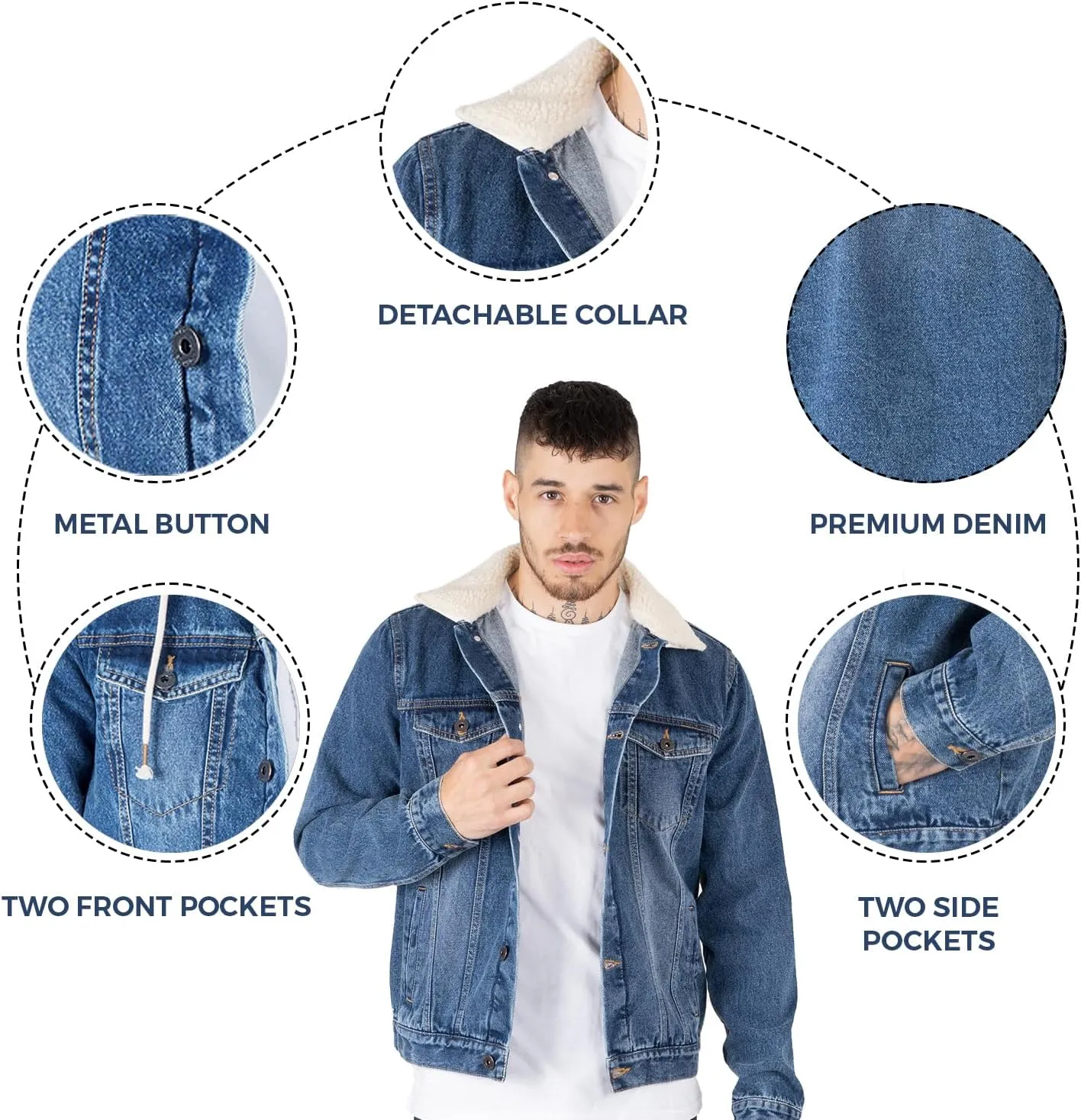 NOROZE Mens Denim Jacket with Detachable Sherpa Collar Classic Fur Jean Trucker Coat