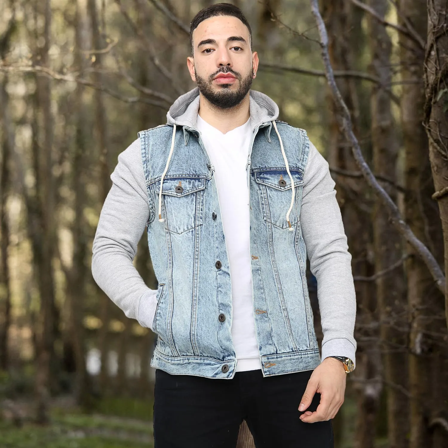NOROZE Mens Denim Jacket with Fleece Sleeves & Detachable Hood Trucker Classic Coat Hoodie