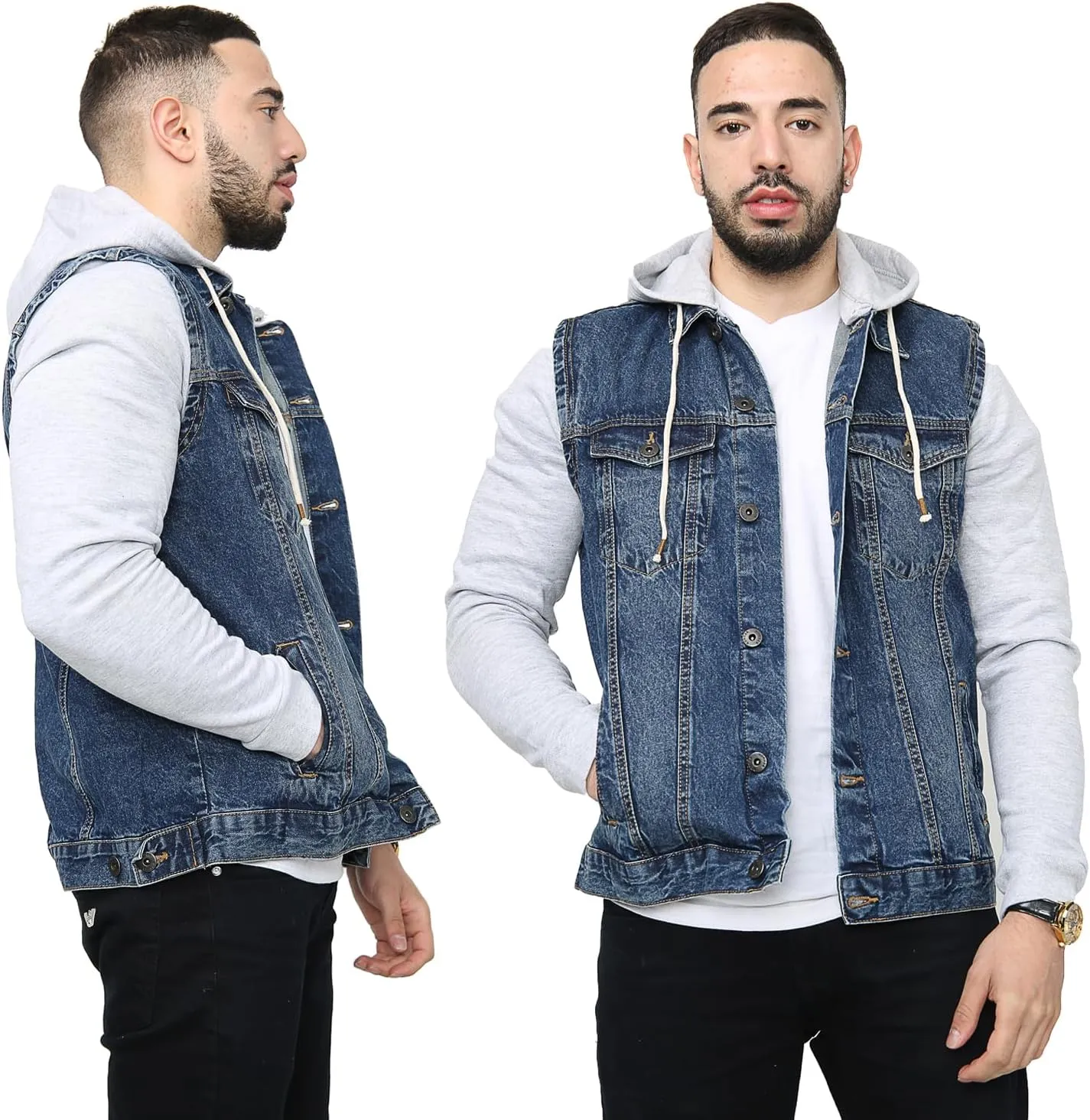 NOROZE Mens Denim Jacket with Fleece Sleeves & Detachable Hood Trucker Classic Coat Hoodie