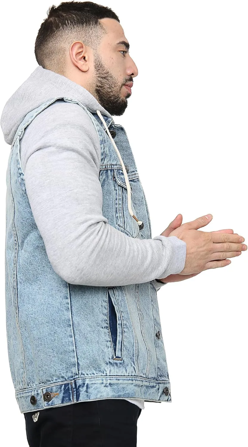 NOROZE Mens Denim Jacket with Fleece Sleeves & Detachable Hood Trucker Classic Coat Hoodie