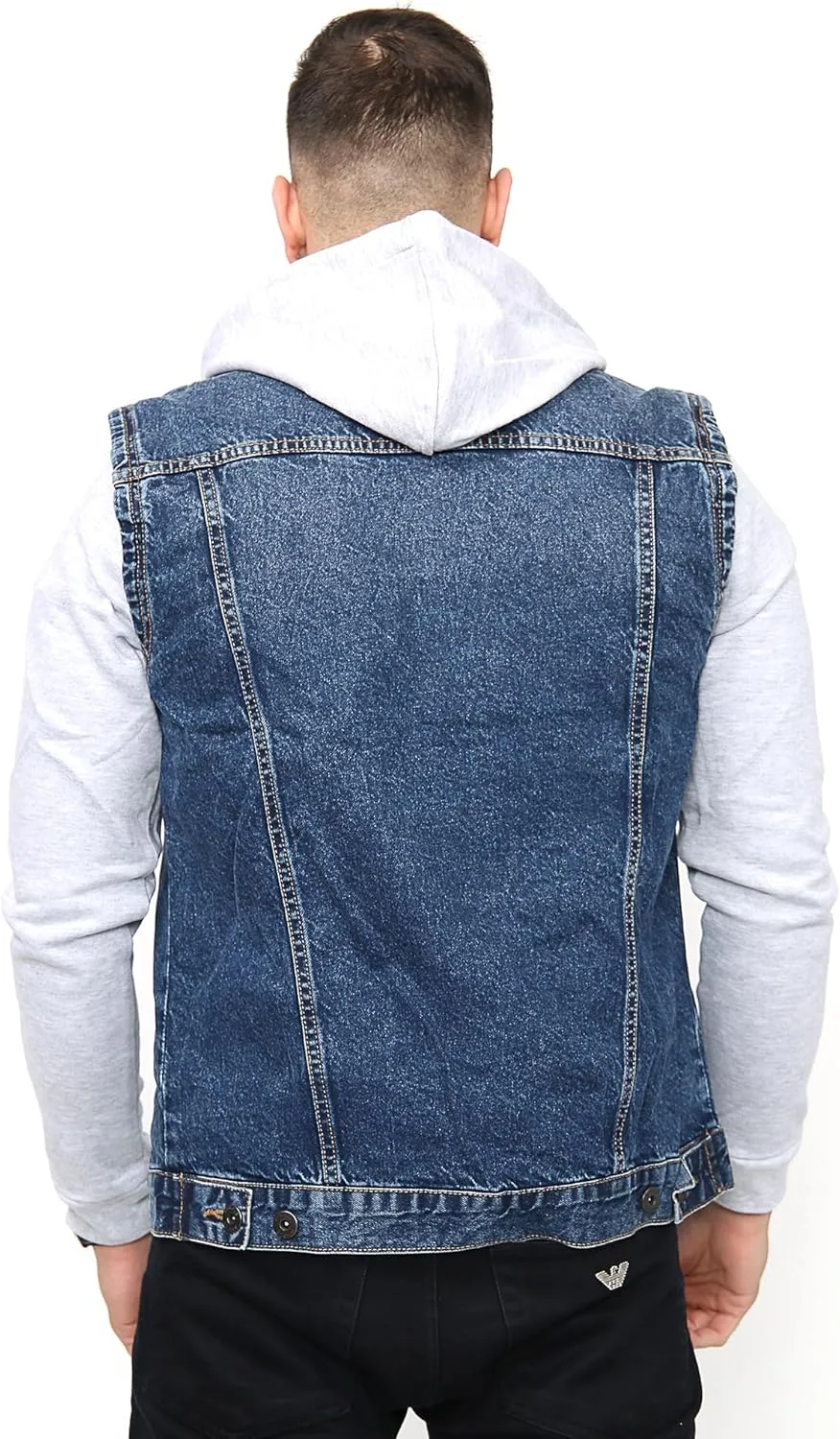 NOROZE Mens Denim Jacket with Fleece Sleeves & Detachable Hood Trucker Classic Coat Hoodie