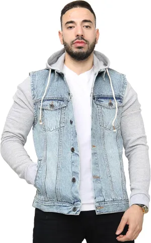 NOROZE Mens Denim Jacket with Fleece Sleeves & Detachable Hood Trucker Classic Coat Hoodie