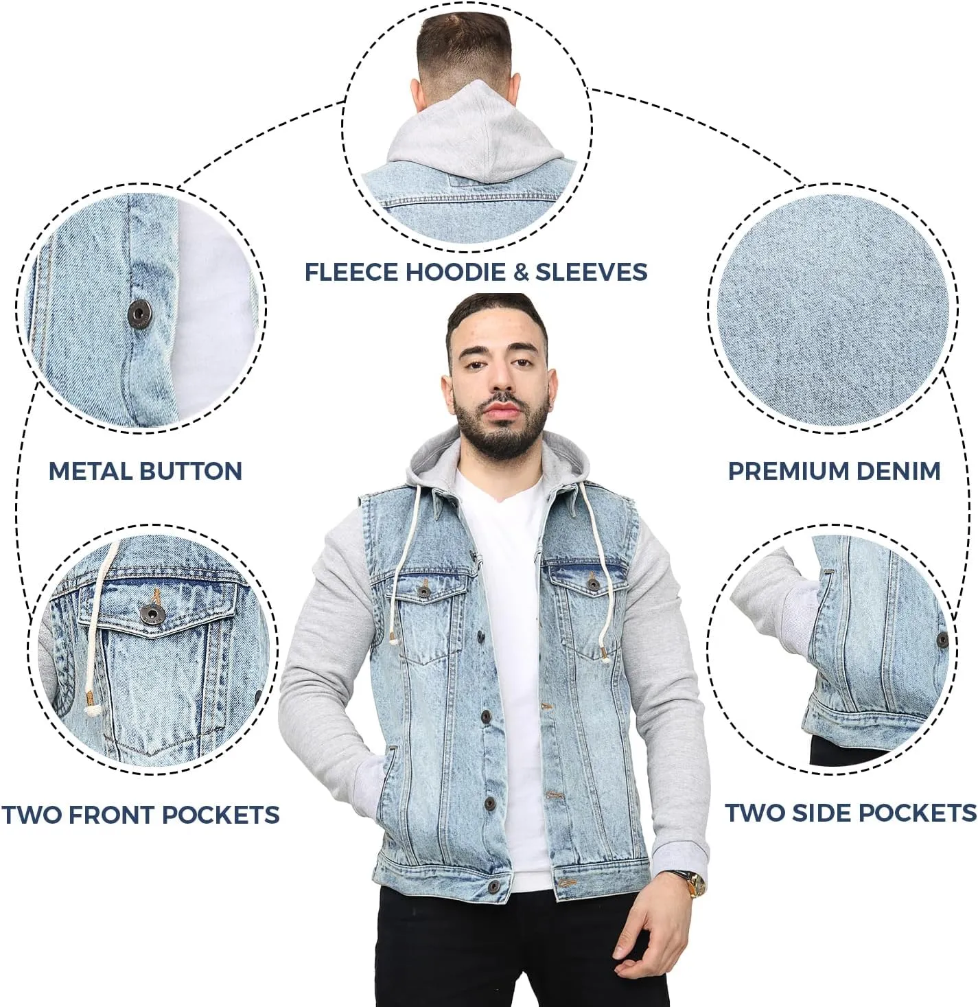 NOROZE Mens Denim Jacket with Fleece Sleeves & Detachable Hood Trucker Classic Coat Hoodie