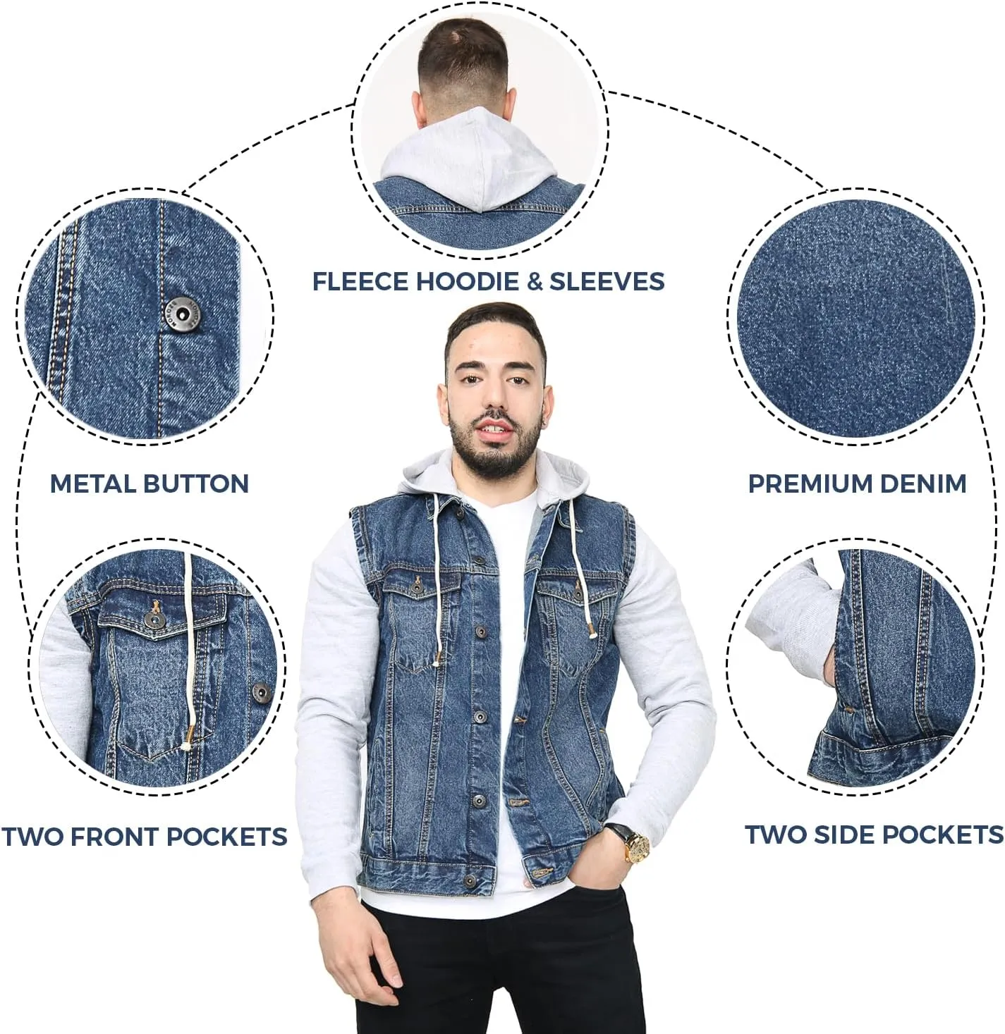 NOROZE Mens Denim Jacket with Fleece Sleeves & Detachable Hood Trucker Classic Coat Hoodie