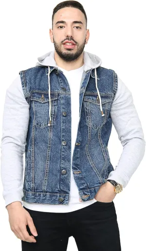 NOROZE Mens Denim Jacket with Fleece Sleeves & Detachable Hood Trucker Classic Coat Hoodie