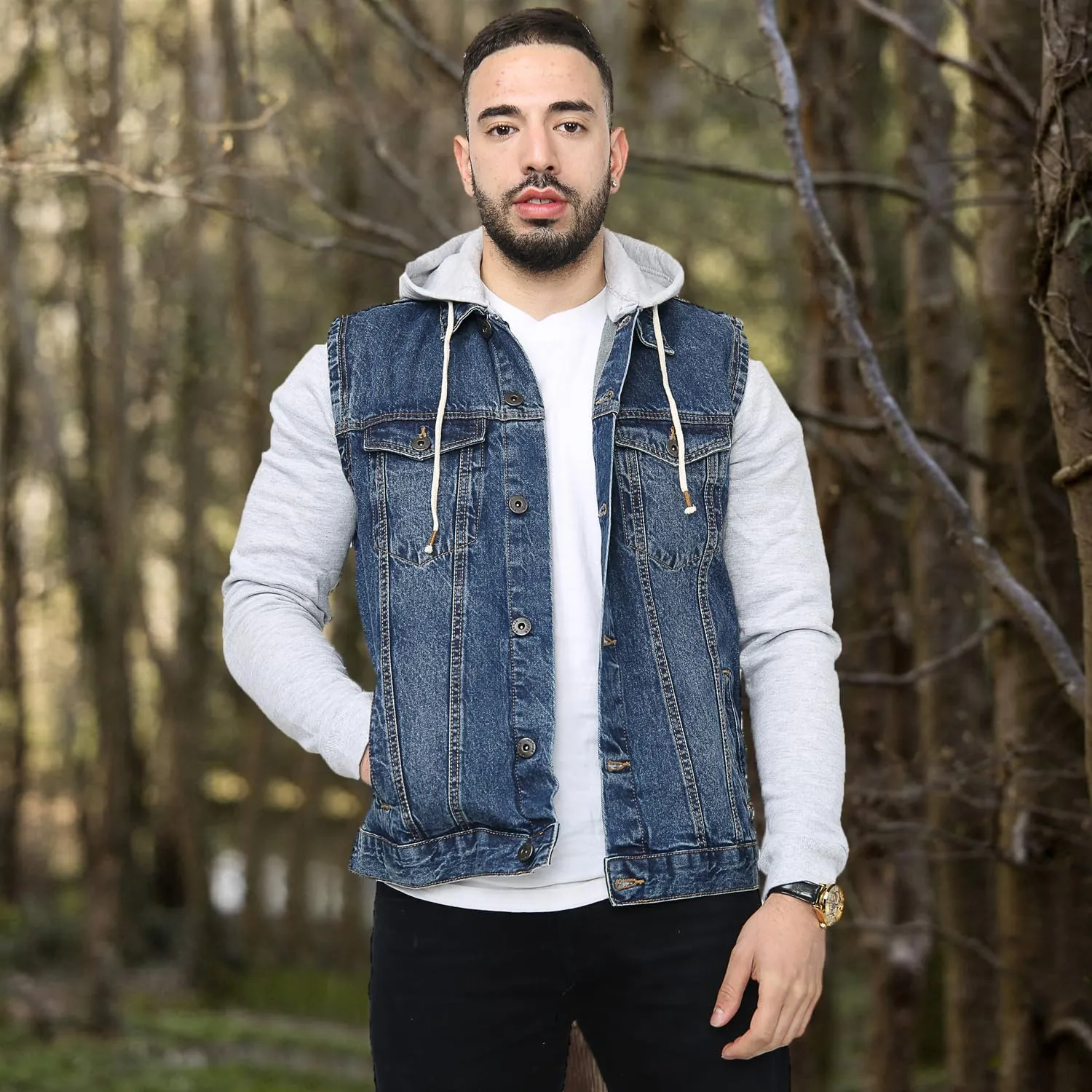 NOROZE Mens Denim Jacket with Fleece Sleeves & Detachable Hood Trucker Classic Coat Hoodie
