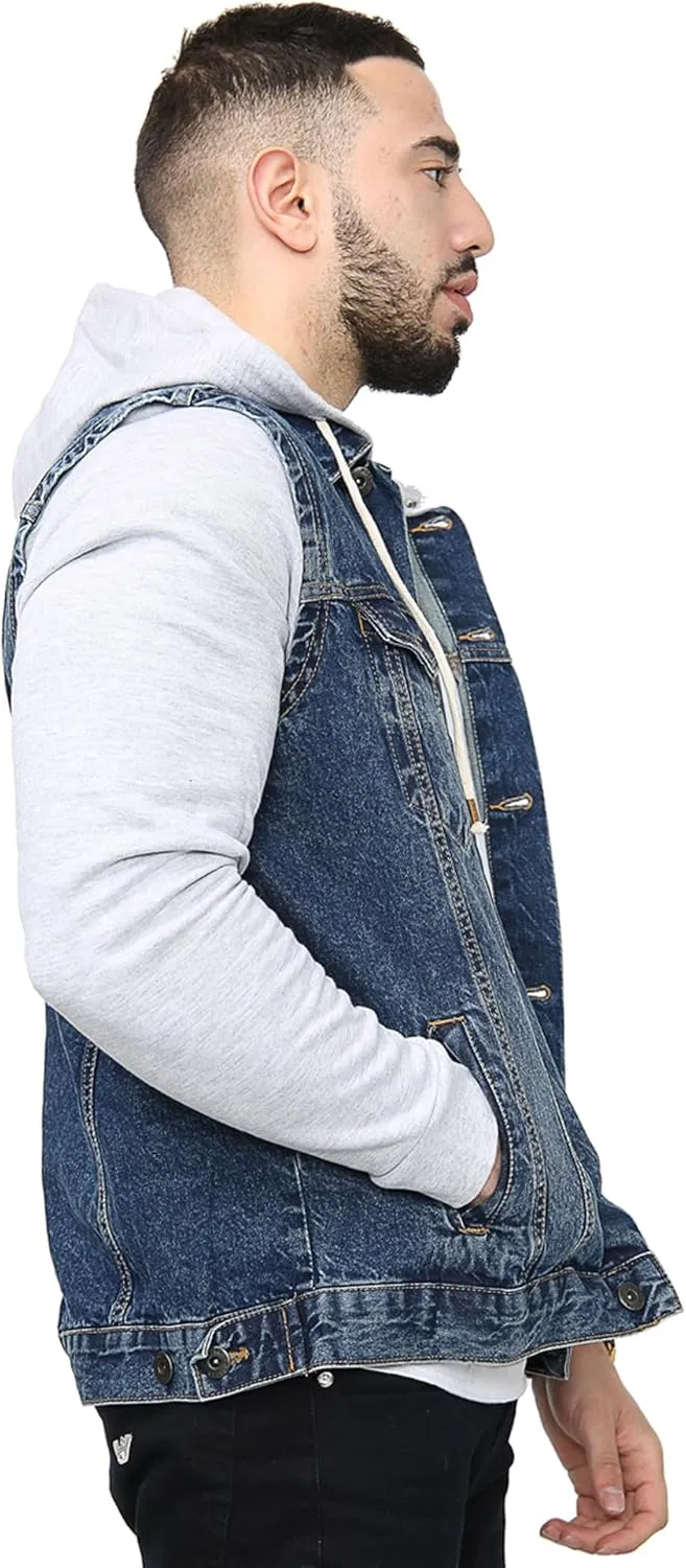 NOROZE Mens Denim Jacket with Fleece Sleeves & Detachable Hood Trucker Classic Coat Hoodie