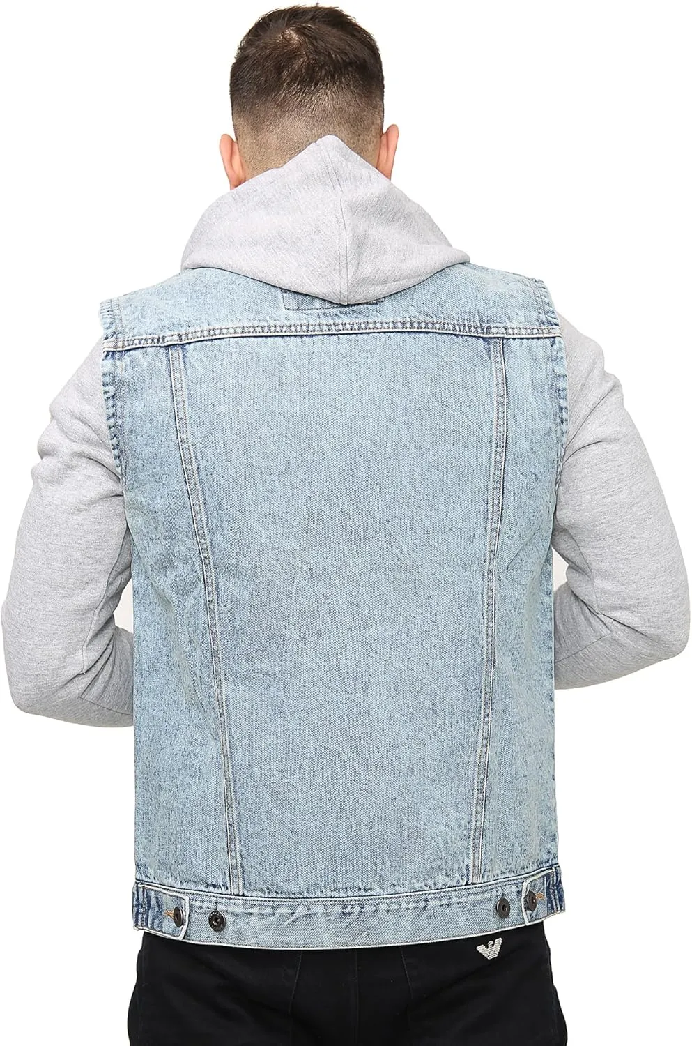 NOROZE Mens Denim Jacket with Fleece Sleeves & Detachable Hood Trucker Classic Coat Hoodie