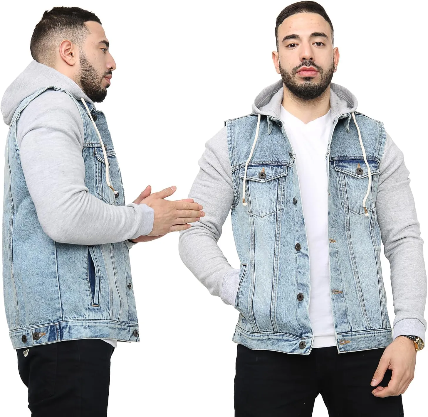 NOROZE Mens Denim Jacket with Fleece Sleeves & Detachable Hood Trucker Classic Coat Hoodie