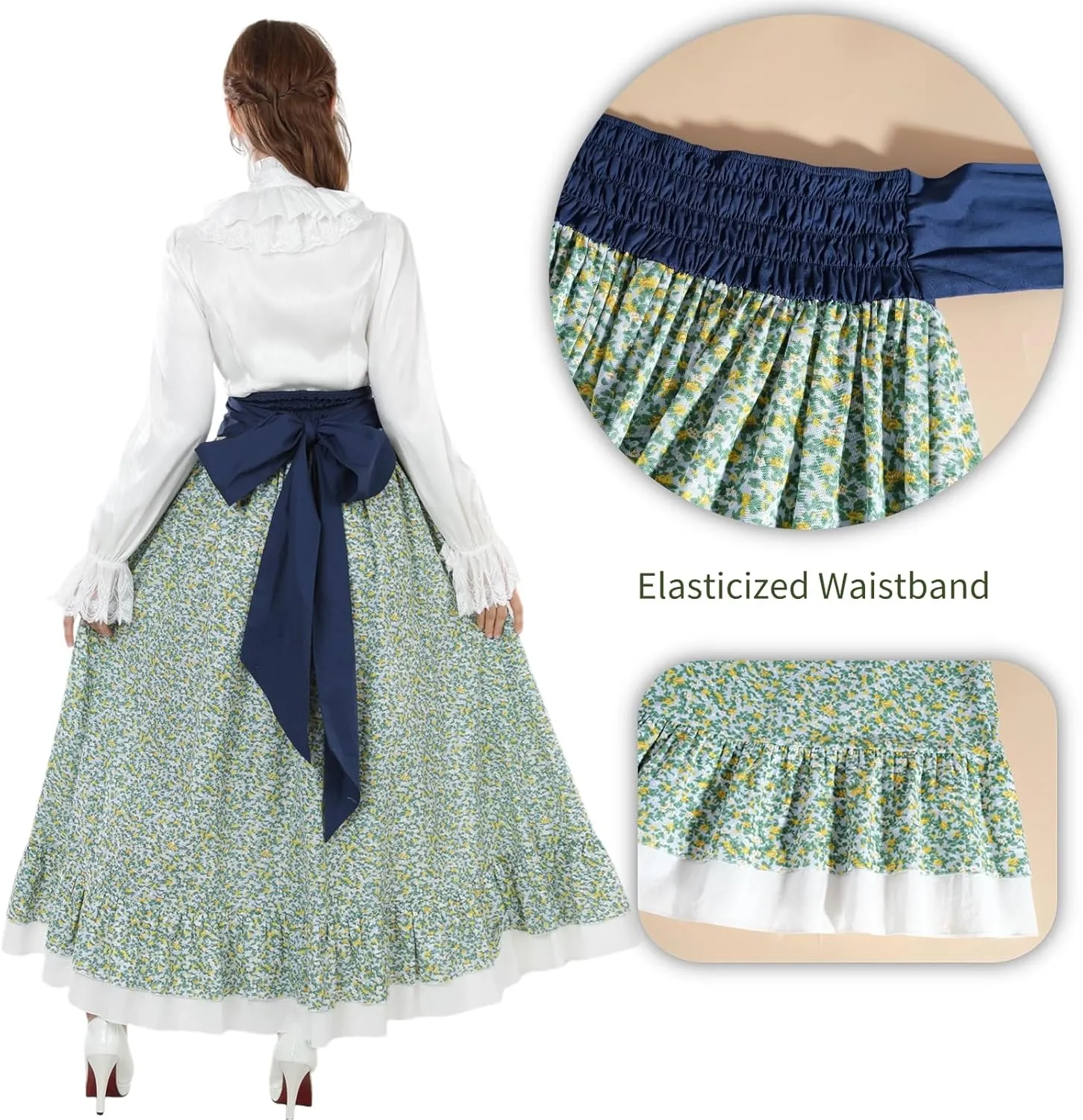 NSPSTT Women Pioneer Colonial Skirt Girls Peasant Prairie Skirt Civil War Trek Floral Costume