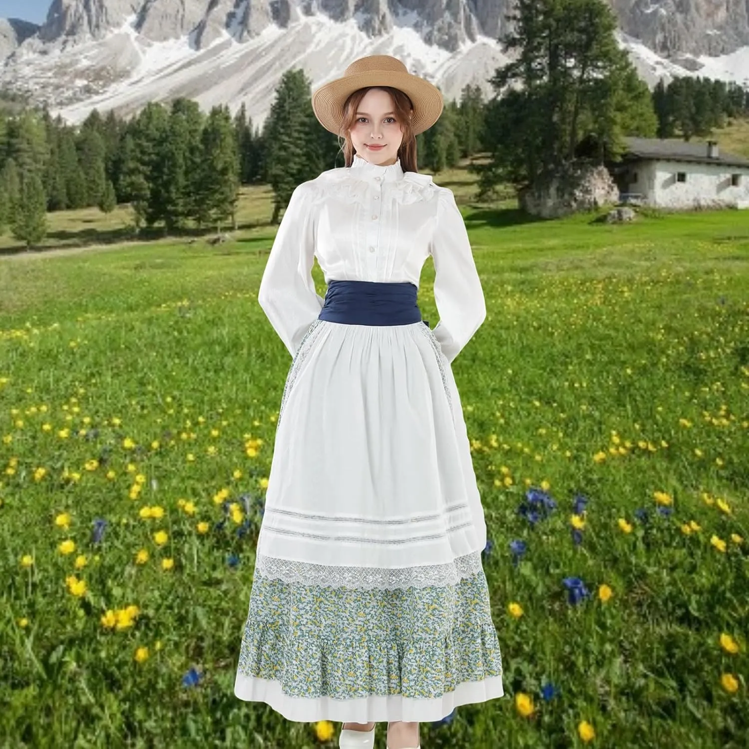 NSPSTT Women Pioneer Colonial Skirt Girls Peasant Prairie Skirt Civil War Trek Floral Costume