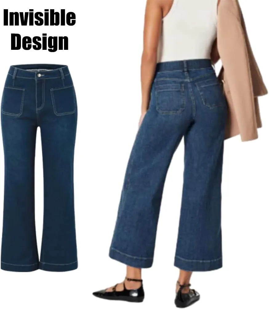 Obormi Tummy Control Wide Leg Jeans, Tummy Control Cropped Wide-Leg Jeans, High Waist Cropped Trousers for Women