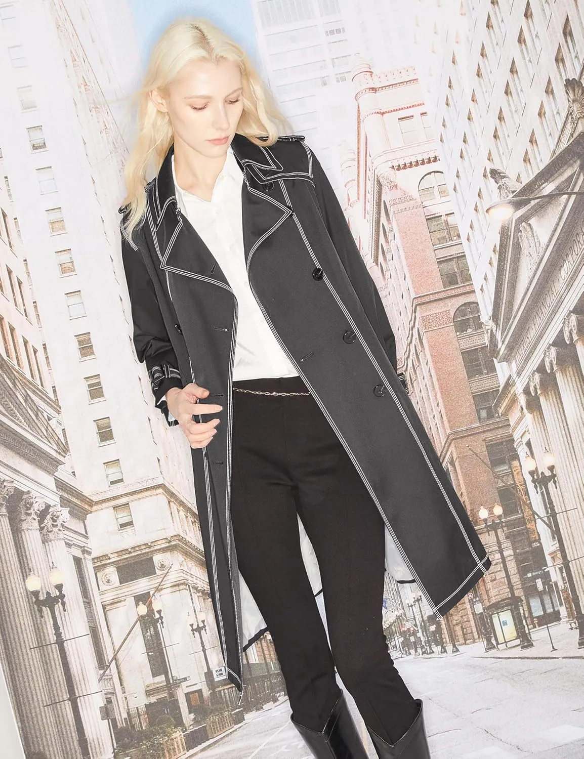 Orolay Women's Mid-Length Trench Coat Double-Breasted Classic Lapel Windbreaker Water-Resistant Belted Overcoat