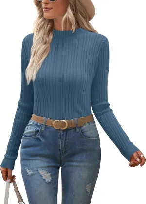 OUGES Womens 2024 Spring Summer Tops Basic Slim Fit Sweaters Turtleneck T Shirts Business Casual Outfits