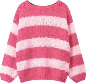 Oversized Sweaters for Women Color Block Striped Sweaters Y2K Crewneck Long Sleeve Knit Sweater