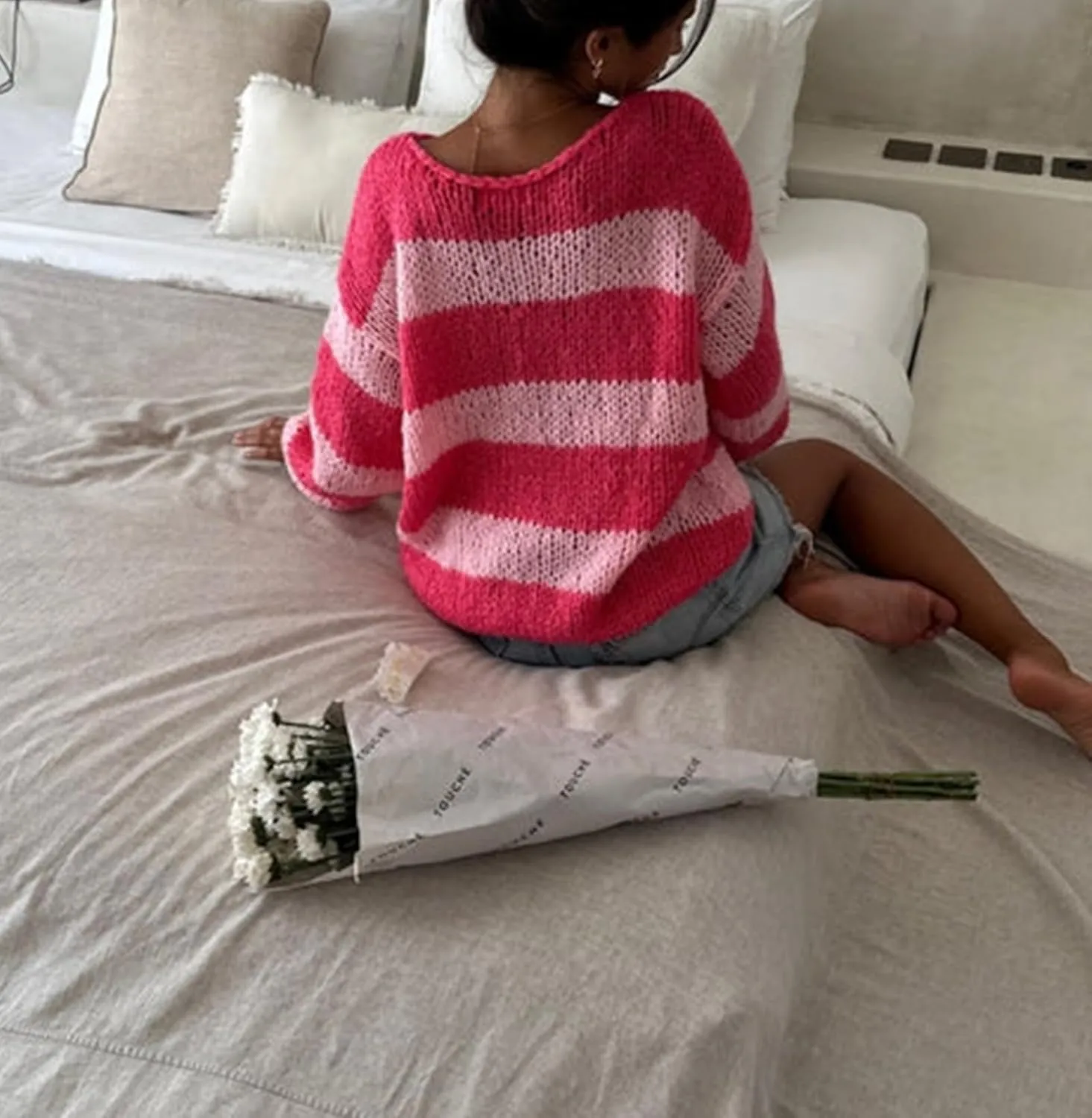 Oversized Sweaters for Women Color Block Striped Sweaters Y2K Crewneck Long Sleeve Knit Sweater