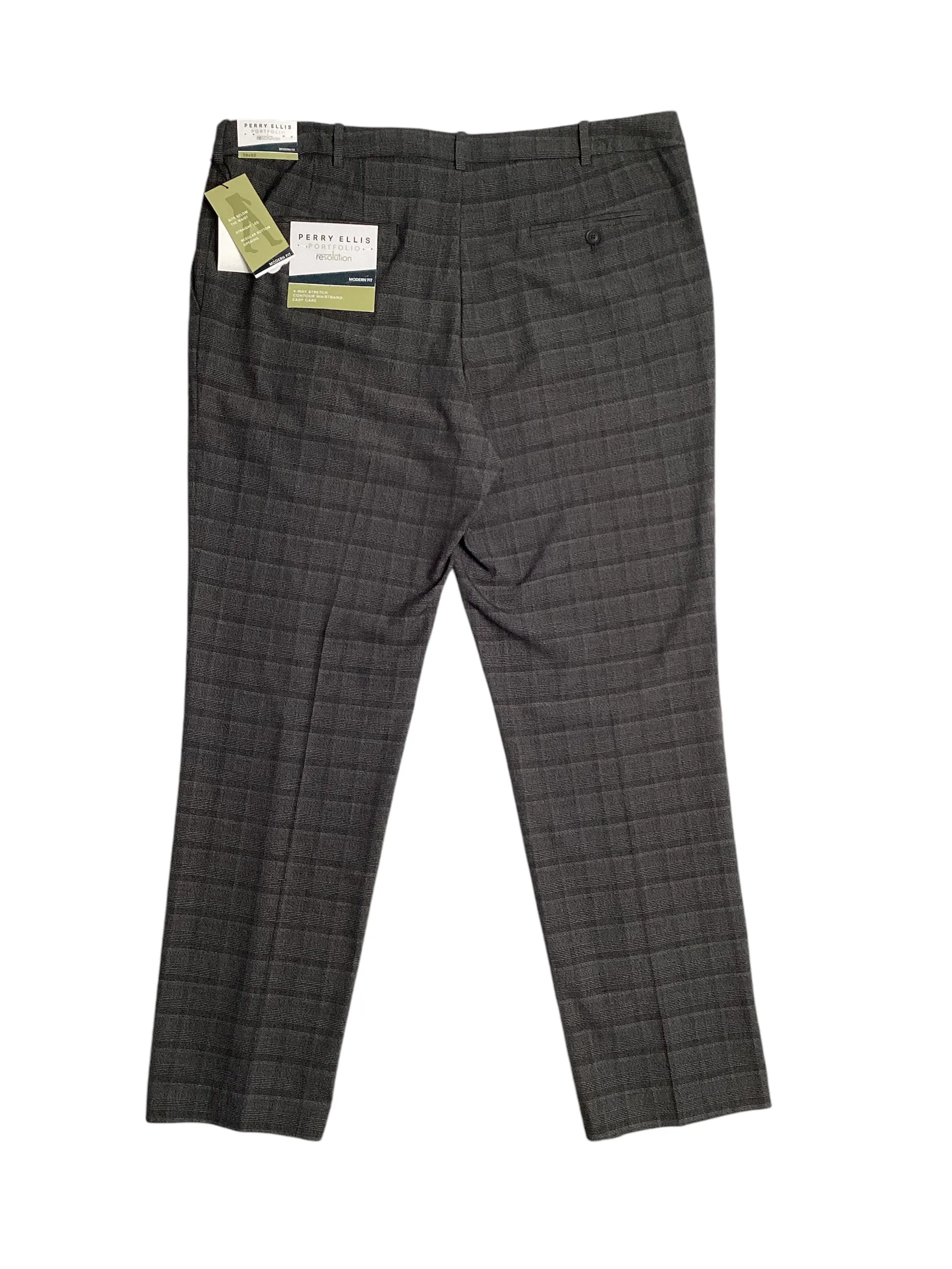 Perry Ellis Mens Modern fit Casual Pants 38 / 32 Charcoal Grey Plaid Stretch