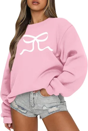 Pink Bow Sweatshirt Oversized Crewneck Sweatshirt Fall Pullover Sweatshirt Long Sleeve Bow Print Sweater Y2k Tops