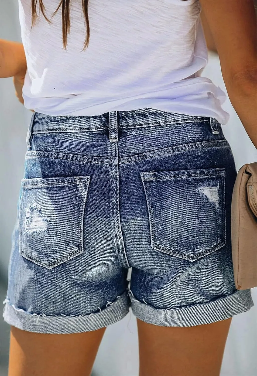 Pink Queen Women's High Waisted Denim Shorts Casual Ripped Summer Hot Short Jeans Frayed Distressed Jeans Shorts with Pockets