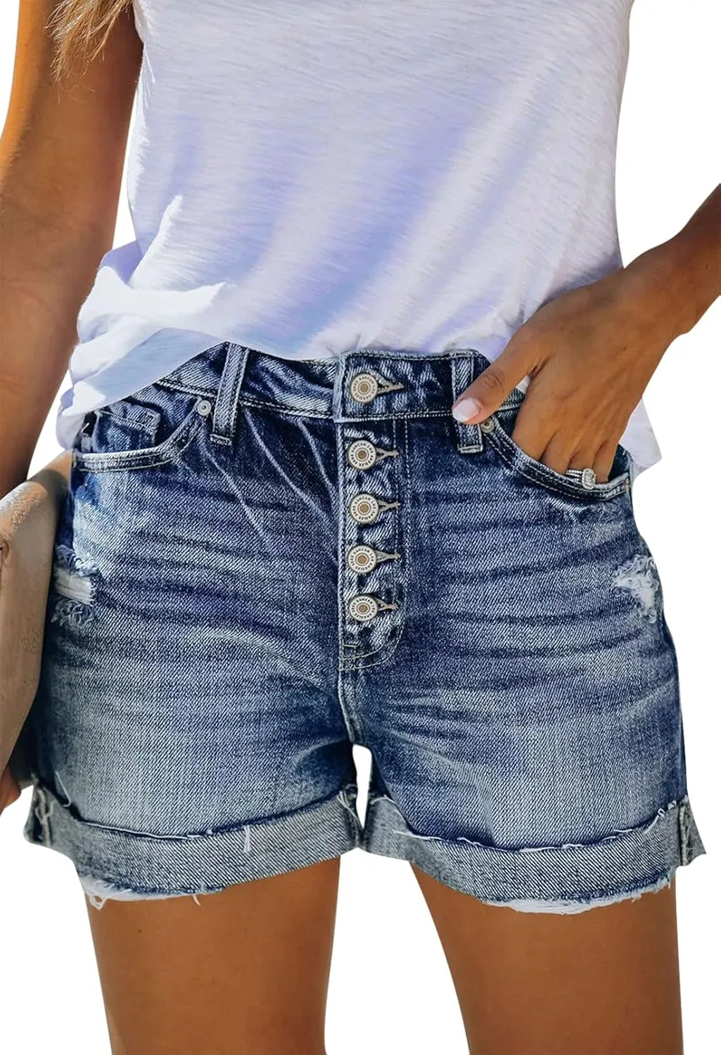 Pink Queen Women's High Waisted Denim Shorts Casual Ripped Summer Hot Short Jeans Frayed Distressed Jeans Shorts with Pockets