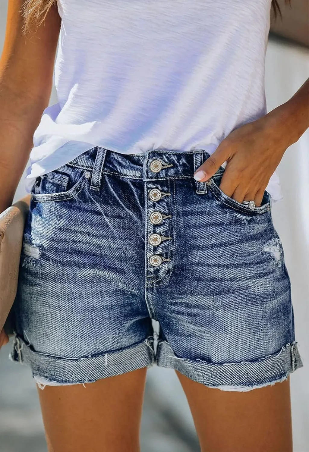 Pink Queen Women's High Waisted Denim Shorts Casual Ripped Summer Hot Short Jeans Frayed Distressed Jeans Shorts with Pockets