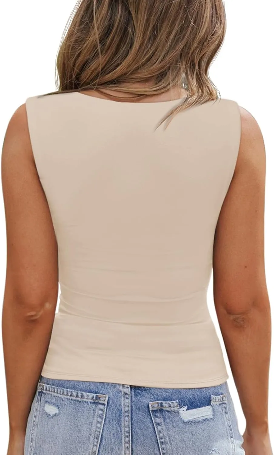 PINKMSTYLE Womens Basic Fitted Square Neck Tank Tops Double Lined Summer Tops Cute Sleeveless Shirts