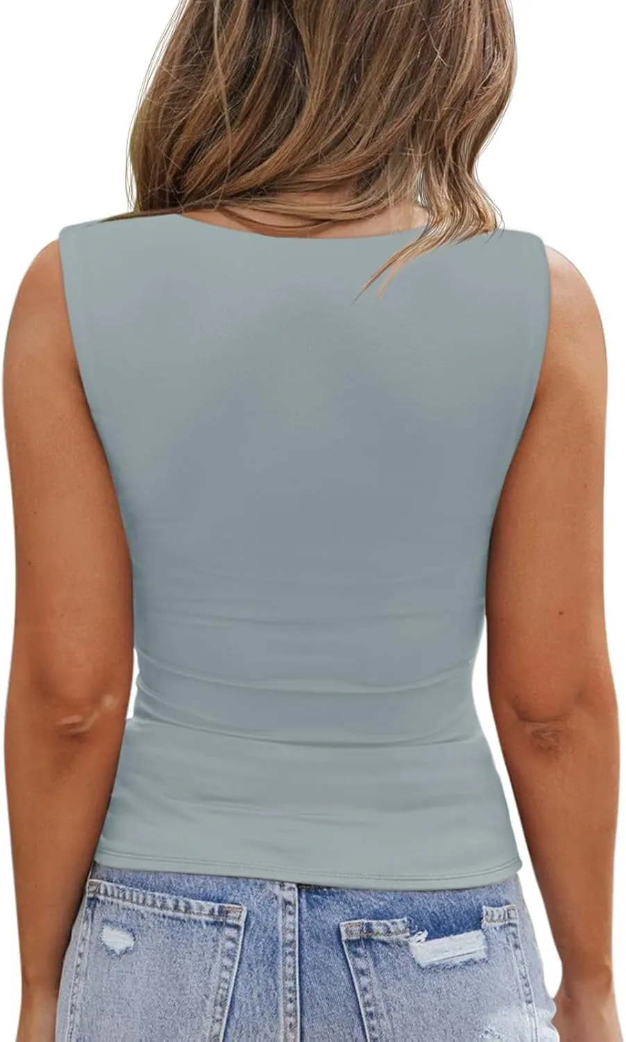 PINKMSTYLE Womens Basic Fitted Square Neck Tank Tops Double Lined Summer Tops Cute Sleeveless Shirts