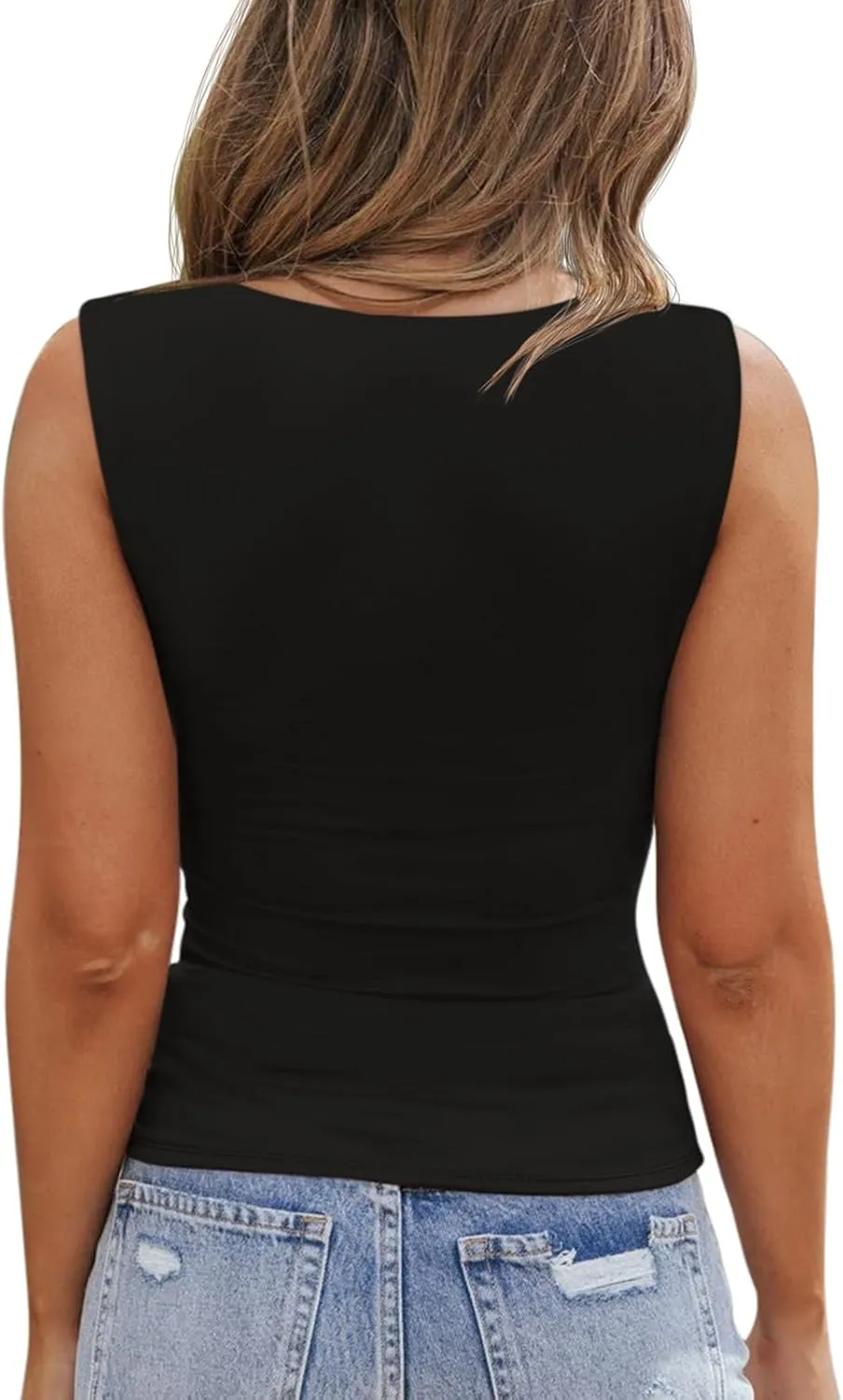 PINKMSTYLE Womens Basic Fitted Square Neck Tank Tops Double Lined Summer Tops Cute Sleeveless Shirts