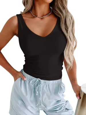 PINKMSTYLE Womens Basic V Neck Tank Tops Double Lined Fitted Summer Tops Cute Sleeveless Shirts