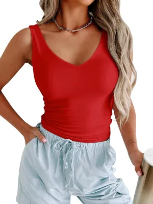 PINKMSTYLE Womens Basic V Neck Tank Tops Double Lined Fitted Summer Tops Cute Sleeveless Shirts