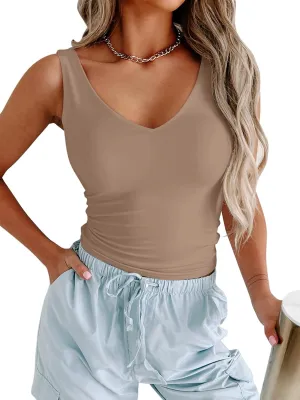 PINKMSTYLE Womens Basic V Neck Tank Tops Double Lined Fitted Summer Tops Cute Sleeveless Shirts