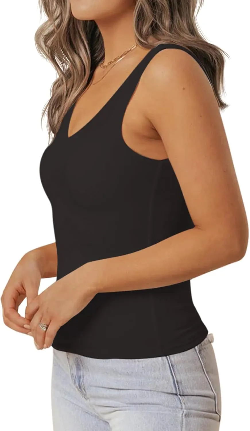 PINKMSTYLE Womens Basic V Neck Tank Tops Double Lined Fitted Summer Tops Cute Sleeveless Shirts