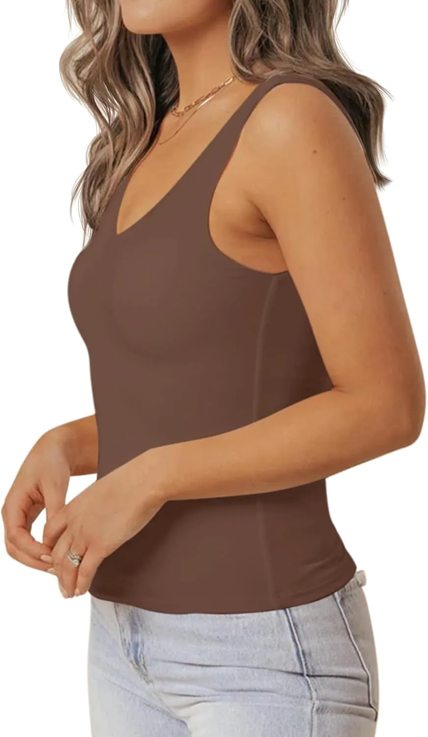PINKMSTYLE Womens Basic V Neck Tank Tops Double Lined Fitted Summer Tops Cute Sleeveless Shirts