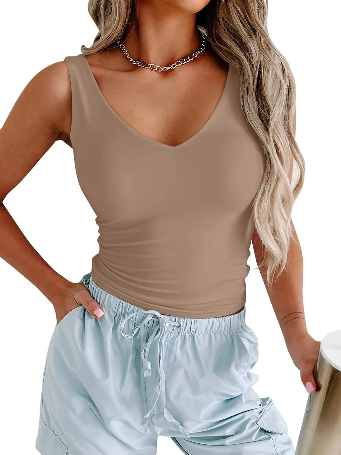 PINKMSTYLE Womens Basic V Neck Tank Tops Double Lined Fitted Summer Tops Cute Sleeveless Shirts