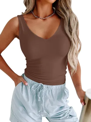 PINKMSTYLE Womens Basic V Neck Tank Tops Double Lined Fitted Summer Tops Cute Sleeveless Shirts